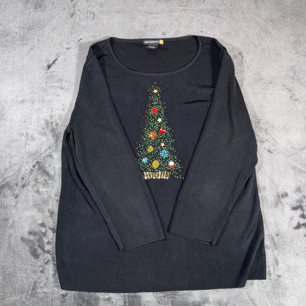 Sweaterworks Christmas Tree Beaded Sequin Knit Top Black XL Holiday Sweater